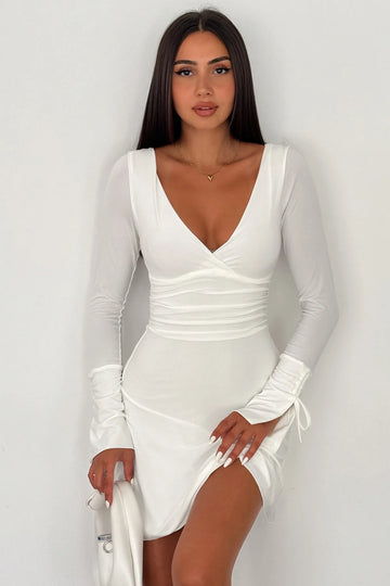 Fiolin Gizemli Allure V Yaka Mini Elbise Beyaz